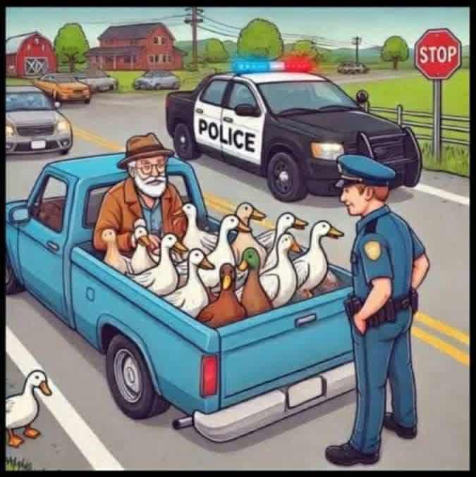 An elderly man driving a pickup truck gets pulled over by a police officer.